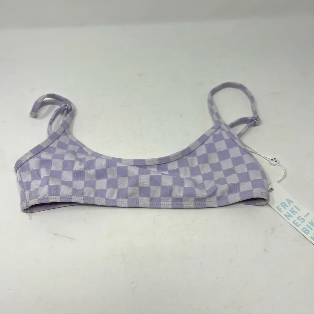 NWT Frankie’s Bikinis Dallas Check Grid Jacquard Purple Bikini Top Size XS